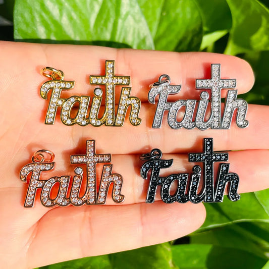 5pcs Religious Cross Faith Word Charms Jewelry Making Bling Zirconia Paved Letter Pendant Women Bracelet Girl Necklace Accessory