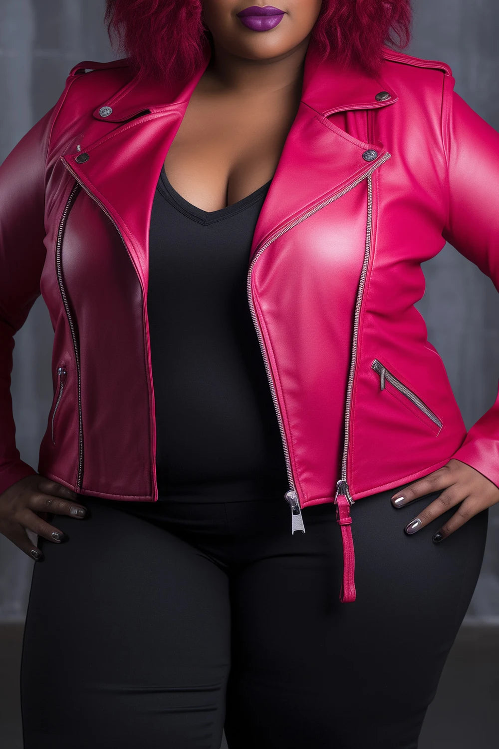 Plus Size Daily Pink Long Sleeve Zipper PU Leather Jacket Outwear