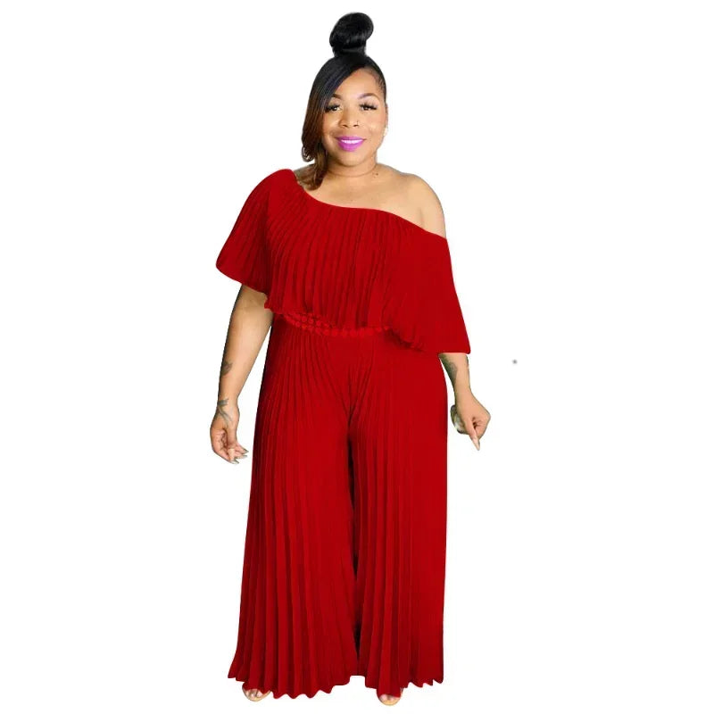 KEXU Pleated Women Plus Size Jumpsuit Ruffless Sexy One Shoulder Slash Neck Loose Wide Leg Pants Fashion Summer Overalls