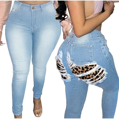 Plus Size Sexy Buttock Leopard Patchwork Ripped Skinny Indie Jeans 4XL Street Women Push Up Butt Distressed Denim Pencil Pants