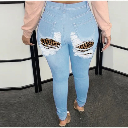 Plus Size Sexy Buttock Leopard Patchwork Ripped Skinny Indie Jeans 4XL Street Women Push Up Butt Distressed Denim Pencil Pants