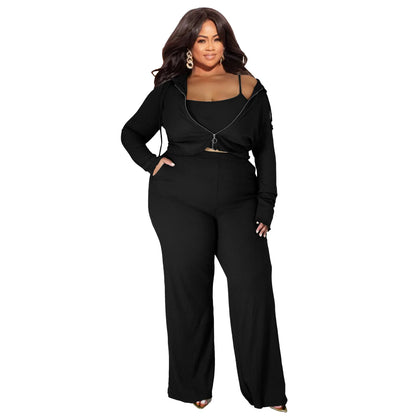 Plus Size 3 Pieces L-5XL Autumn Ribbed Long Sleeve Zip Hooded Crop Jacket Wide Leg Pants 3 Pieces Set Women Casual Tracksuit