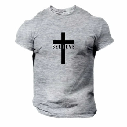 Men's Fashion I Believe in God Cross Christian 3D Printing T-Shirt Casual Round Neck Jesus Short Sleeve T-Shirts Quick Dry Cloth