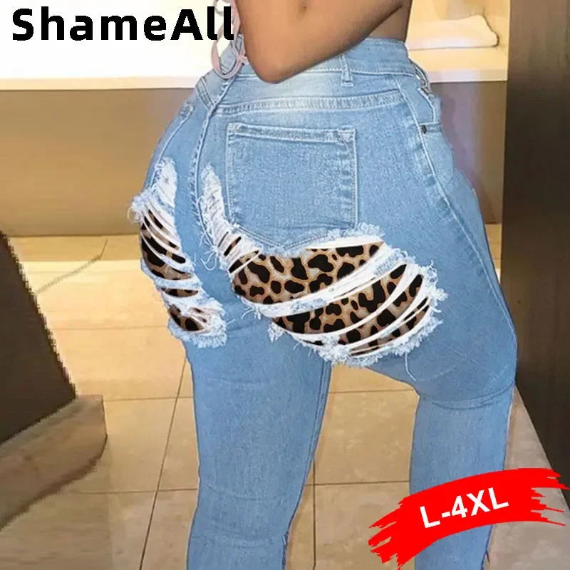 Plus Size Sexy Buttock Leopard Patchwork Ripped Skinny Indie Jeans 4XL Street Women Push Up Butt Distressed Denim Pencil Pants