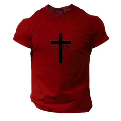 Men's Fashion I Believe in God Cross Christian 3D Printing T-Shirt Casual Round Neck Jesus Short Sleeve T-Shirts Quick Dry Cloth