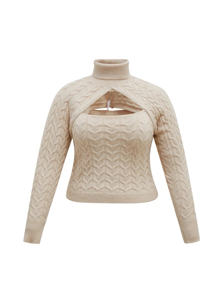 ONELINK Beige White Turtleneck Sexy Hollow Out Chest Plus Size Autumn Winter Woolen Pullover Women Sweater Oversize Clothing