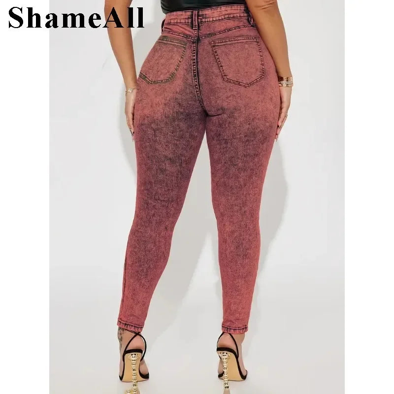 Plus size Stretchy Skinny Pink Jeans 5XL sexy party Club Slim Fit Yellow Pencil Jeans