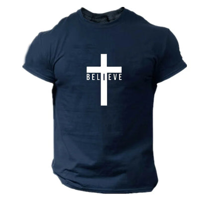 Men's Fashion I Believe in God Cross Christian 3D Printing T-Shirt Casual Round Neck Jesus Short Sleeve T-Shirts Quick Dry Cloth