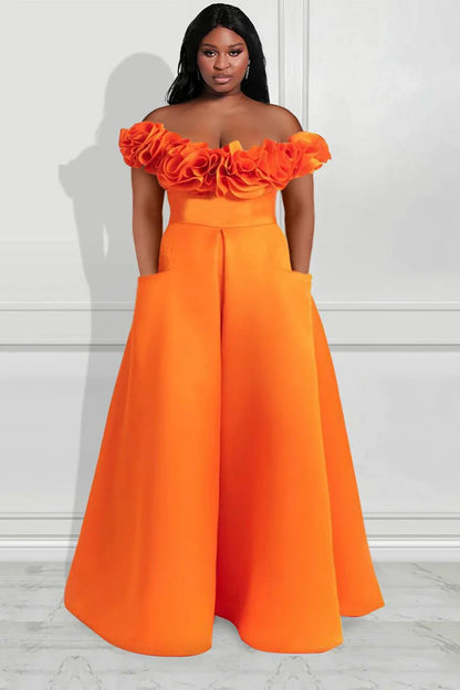 Plus Size Orange Formal Satin Ruffles Off The Shoulder With Pocket Wide Leg Jumpsuits