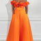 Plus Size Orange Formal Satin Ruffles Off The Shoulder With Pocket Wide Leg Jumpsuits