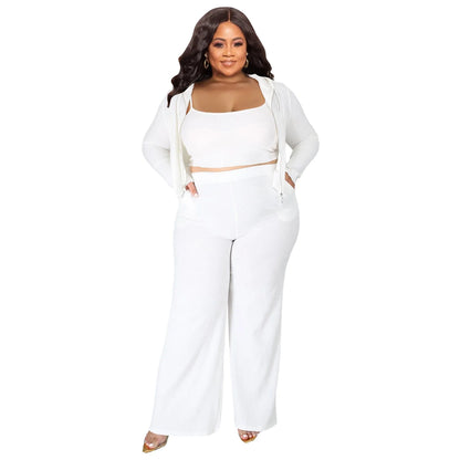 Plus Size 3 Pieces L-5XL Autumn Ribbed Long Sleeve Zip Hooded Crop Jacket Wide Leg Pants 3 Pieces Set Women Casual Tracksuit