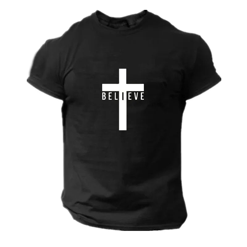 Men's Fashion I Believe in God Cross Christian 3D Printing T-Shirt Casual Round Neck Jesus Short Sleeve T-Shirts Quick Dry Cloth