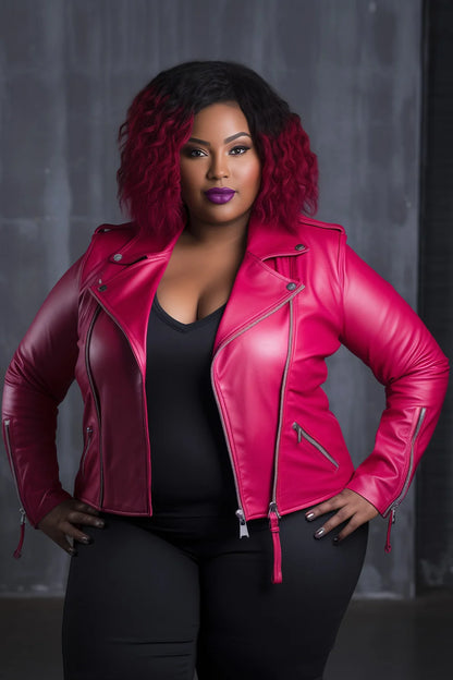 Plus Size Daily Pink Long Sleeve Zipper PU Leather Jacket Outwear