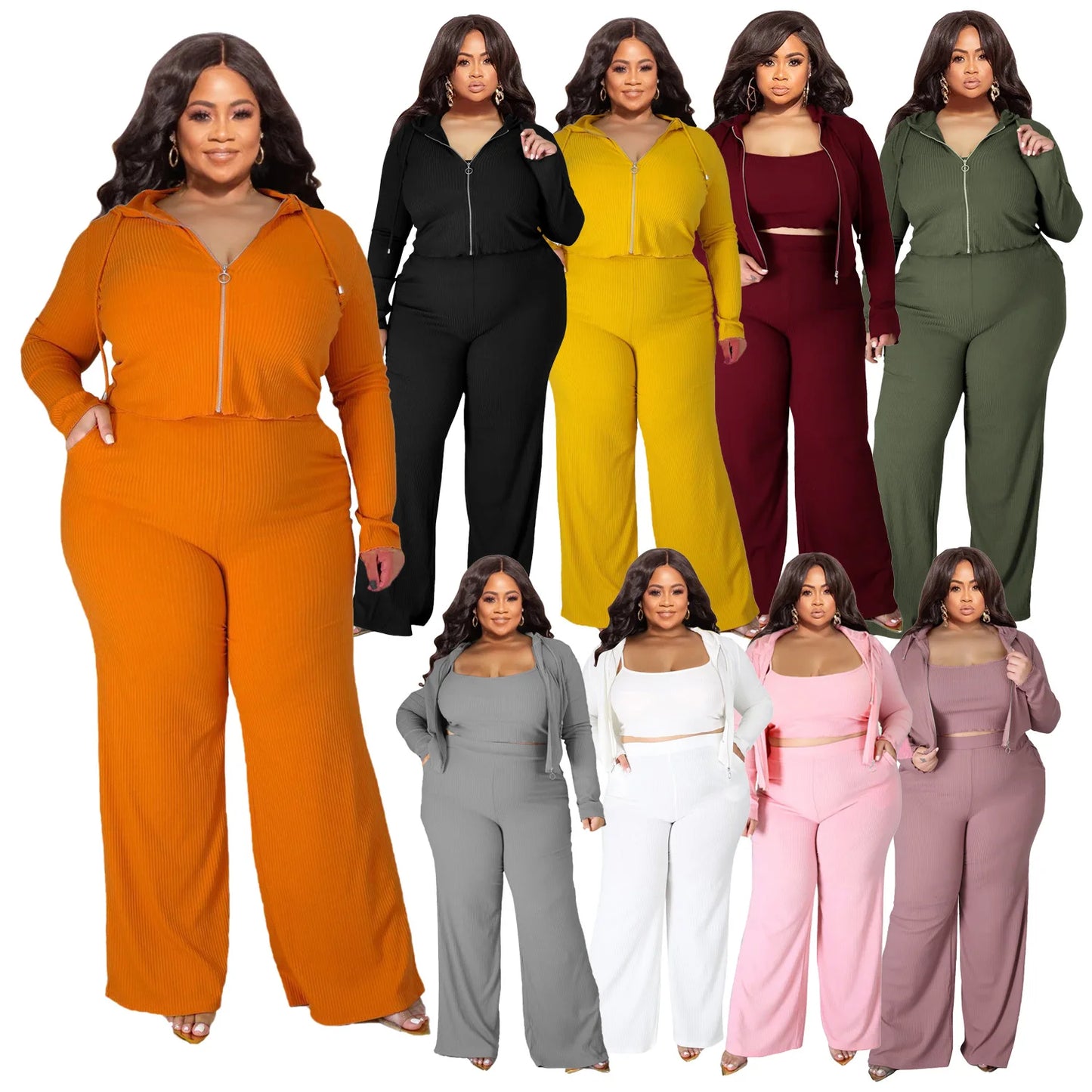 Plus Size 3 Pieces L-5XL Autumn Ribbed Long Sleeve Zip Hooded Crop Jacket Wide Leg Pants 3 Pieces Set Women Casual Tracksuit