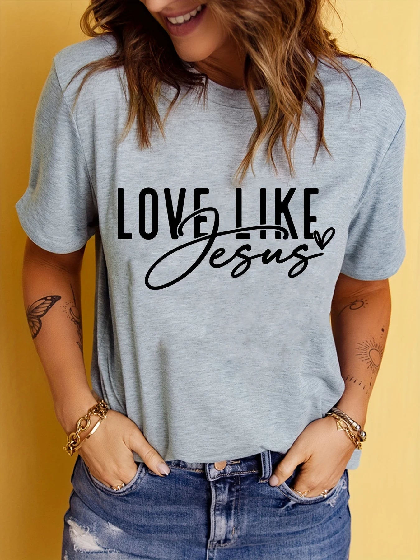 Love Like Jesus Print T-Shirt, Short Sleeve Crew Neck Casual Top For Summer & Spring, Women's Clothing