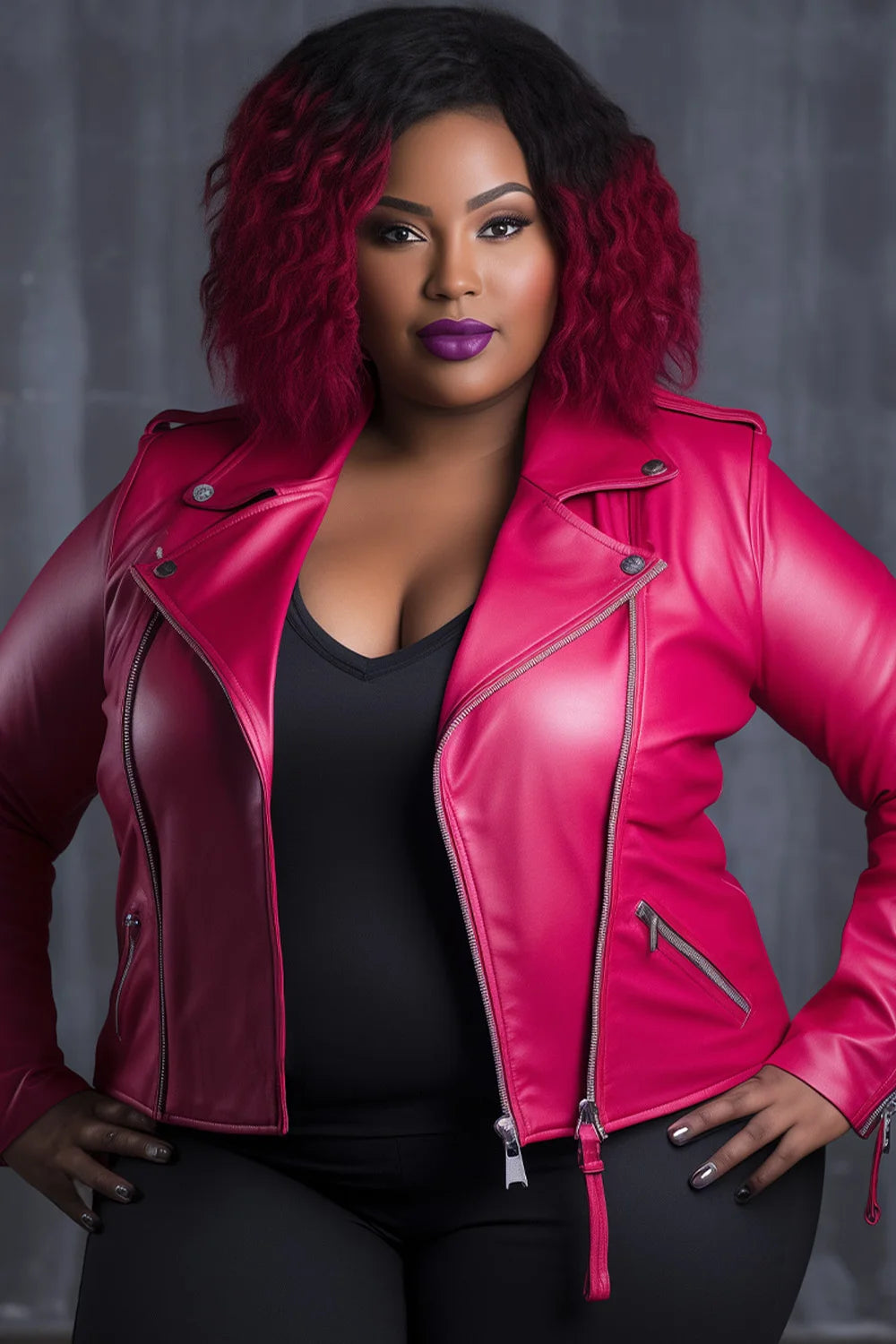 Plus Size Daily Pink Long Sleeve Zipper PU Leather Jacket Outwear