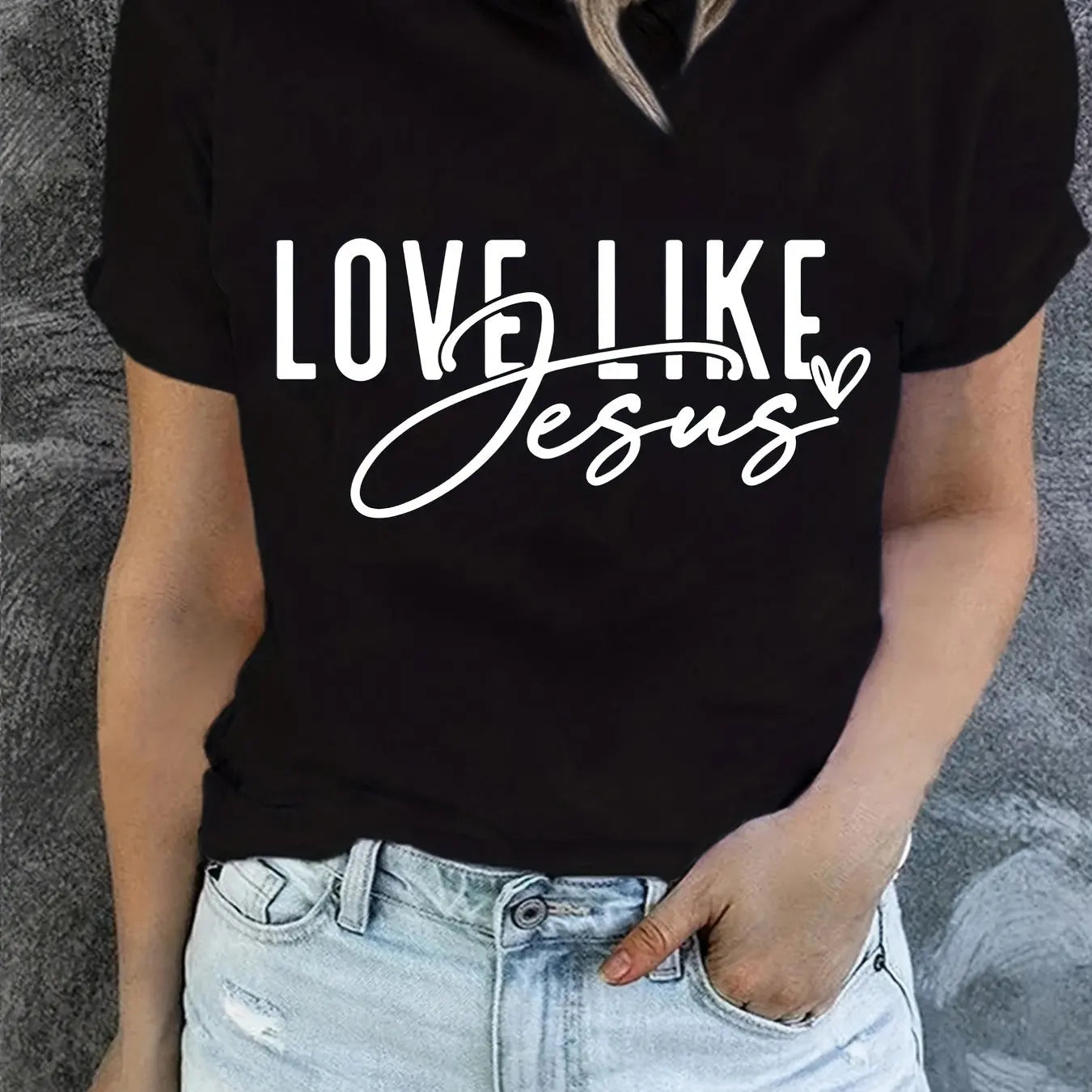 Love Like Jesus Print T-Shirt, Short Sleeve Crew Neck Casual Top For Summer & Spring, Women's Clothing