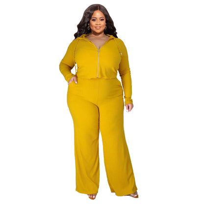 Plus Size 3 Pieces L-5XL Autumn Ribbed Long Sleeve Zip Hooded Crop Jacket Wide Leg Pants 3 Pieces Set Women Casual Tracksuit