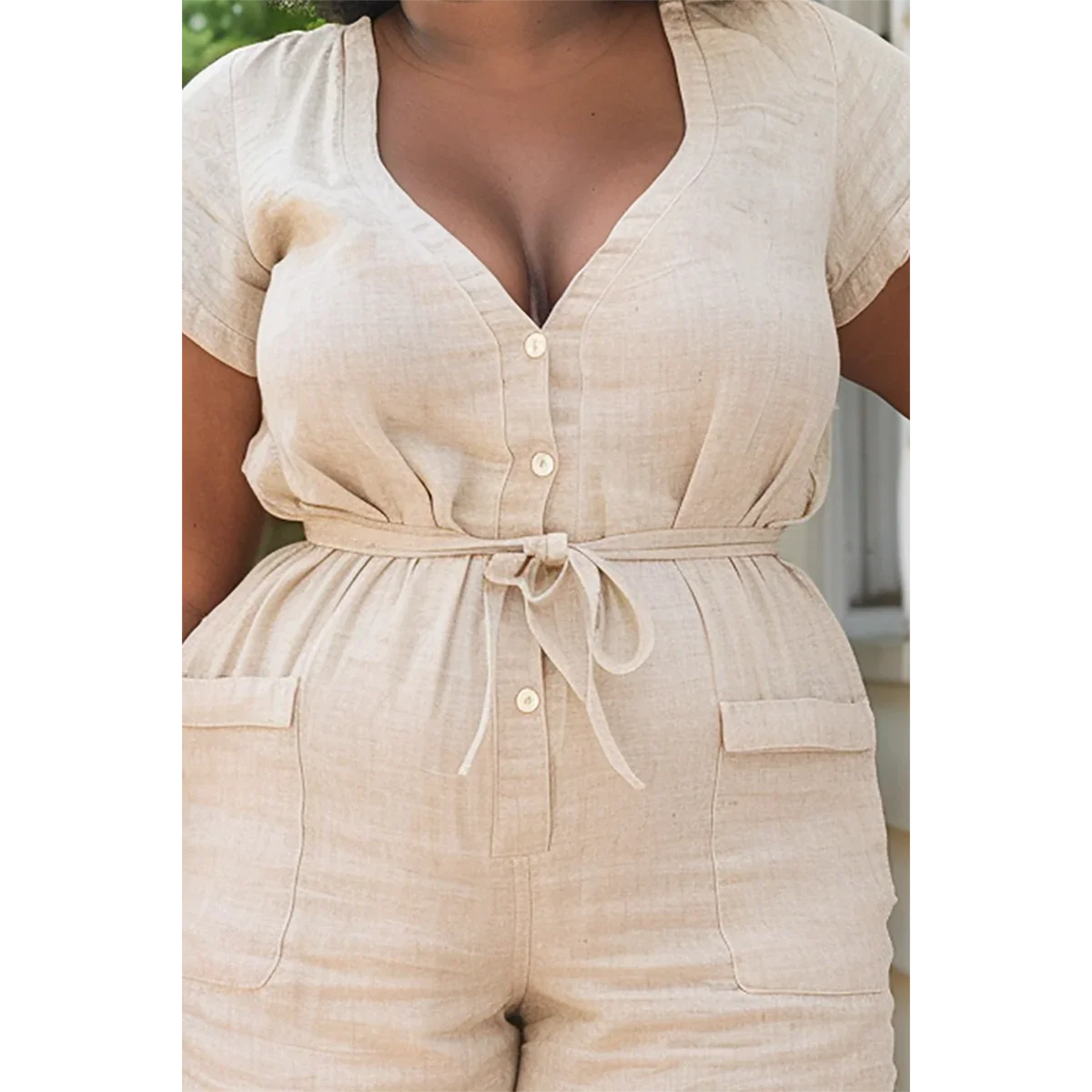 Plus Size V Neck Jumpsuit Sexy Women's Jumpsuit Sleeveless Summer Tight Casual Khaki V Neck Short Sleeve Linen Jumpsuit