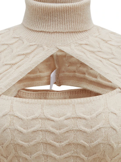 ONELINK Beige White Turtleneck Sexy Hollow Out Chest Plus Size Autumn Winter Woolen Pullover Women Sweater Oversize Clothing