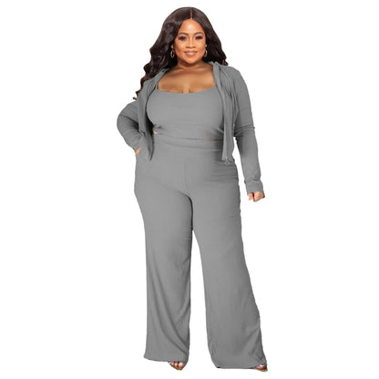 Plus Size 3 Pieces L-5XL Autumn Ribbed Long Sleeve Zip Hooded Crop Jacket Wide Leg Pants 3 Pieces Set Women Casual Tracksuit