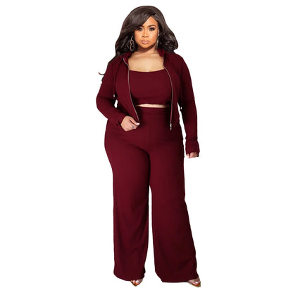 Plus Size 3 Pieces L-5XL Autumn Ribbed Long Sleeve Zip Hooded Crop Jacket Wide Leg Pants 3 Pieces Set Women Casual Tracksuit