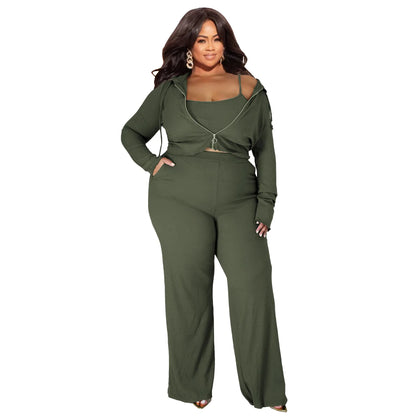 Plus Size 3 Pieces L-5XL Autumn Ribbed Long Sleeve Zip Hooded Crop Jacket Wide Leg Pants 3 Pieces Set Women Casual Tracksuit