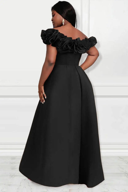 Plus Size Orange Formal Satin Ruffles Off The Shoulder With Pocket Wide Leg Jumpsuits