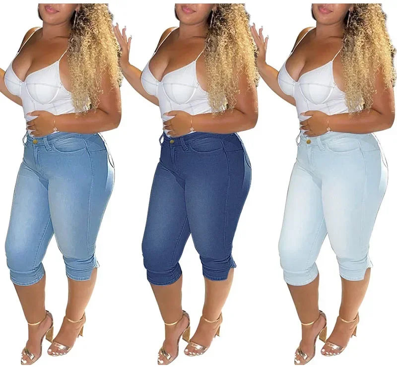 Plus Size Vintage Mid Blue Stretchy Skinny Knee Length Distressed Mom Jeans Breeches Denim Jeggings Pant 3/4 Leggings Capris 5XL