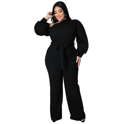 Plus Size Jumpsuit Women with Sashes Sexy Salsh Neck Solid Color Chic Lantern Sleeve Ladies Long Rompers Wholesale Dropshipping