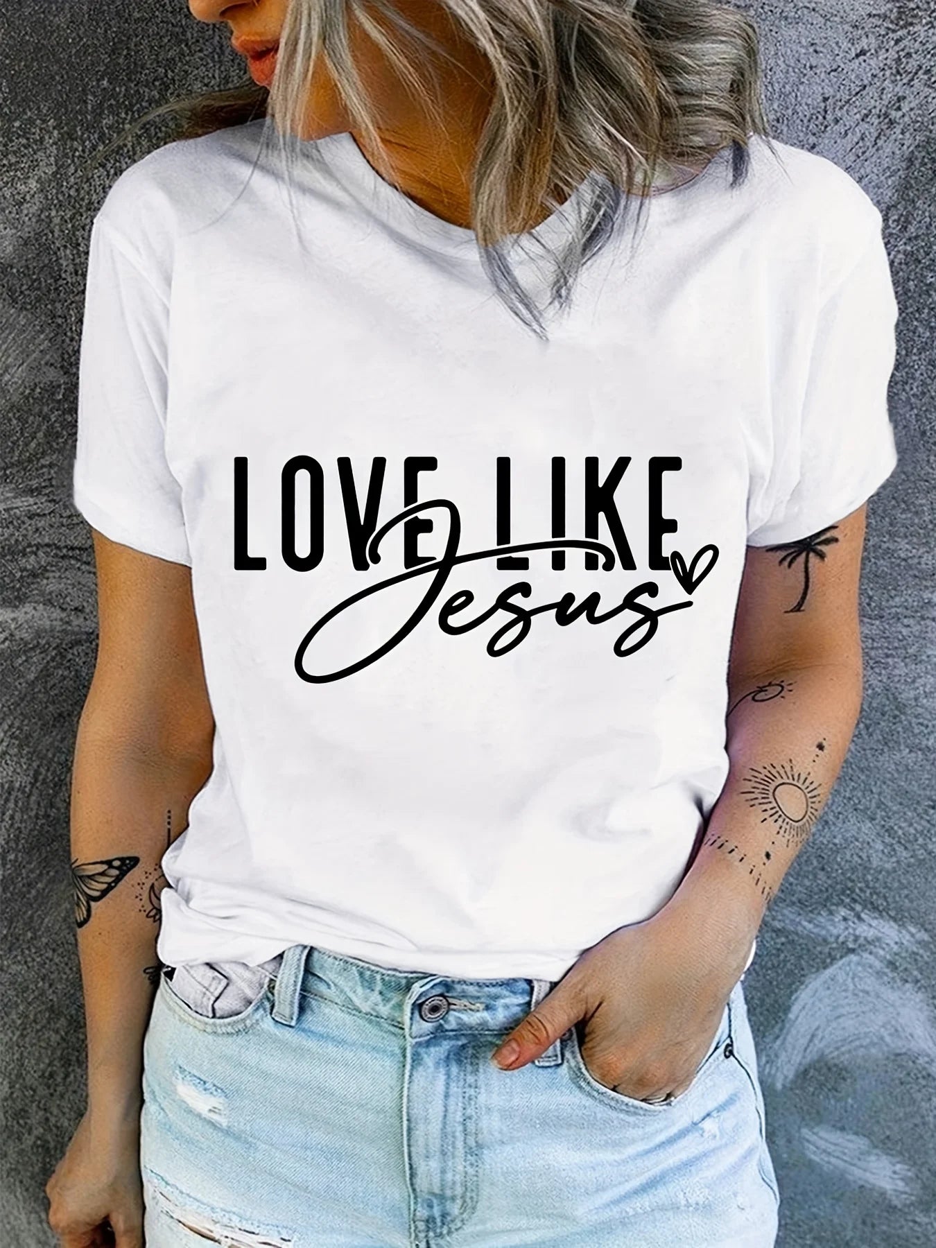 Love Like Jesus Print T-Shirt, Short Sleeve Crew Neck Casual Top For Summer & Spring, Women's Clothing