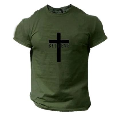 Men's Fashion I Believe in God Cross Christian 3D Printing T-Shirt Casual Round Neck Jesus Short Sleeve T-Shirts Quick Dry Cloth