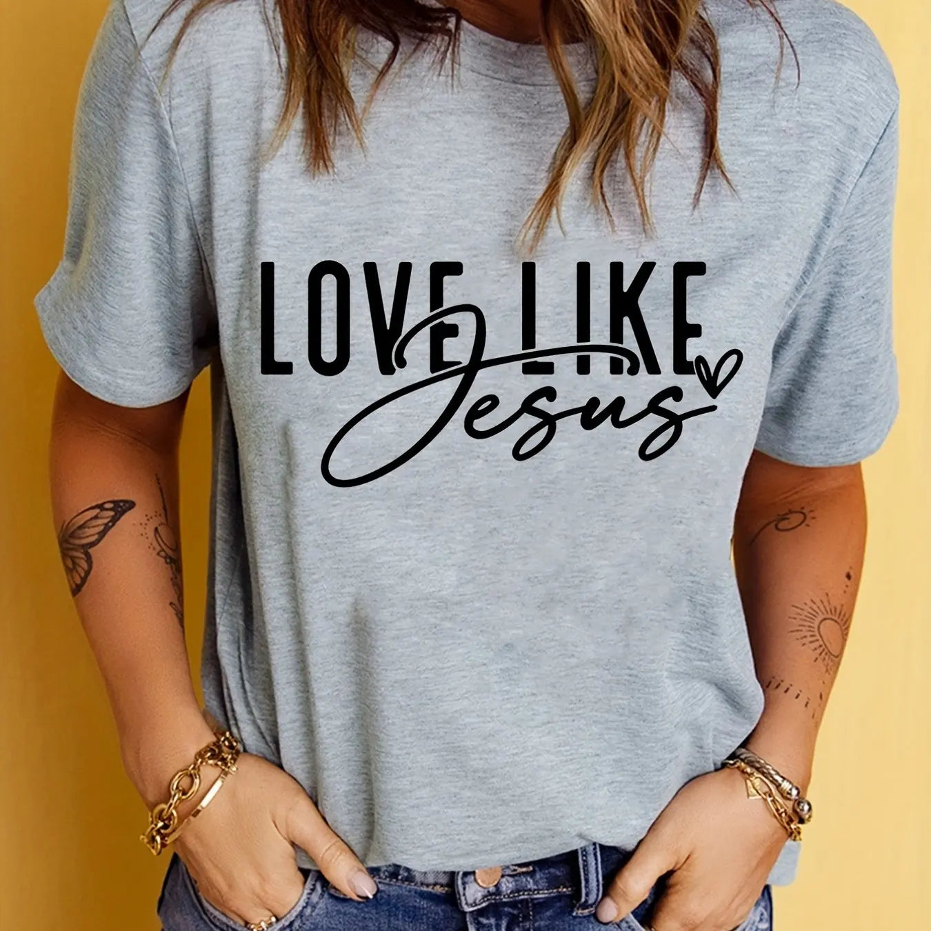 Love Like Jesus Print T-Shirt, Short Sleeve Crew Neck Casual Top For Summer & Spring, Women's Clothing