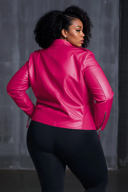 Plus Size Daily Pink Long Sleeve Zipper PU Leather Jacket Outwear