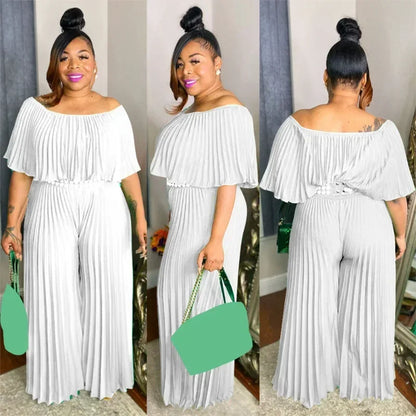 KEXU Pleated Women Plus Size Jumpsuit Ruffless Sexy One Shoulder Slash Neck Loose Wide Leg Pants Fashion Summer Overalls