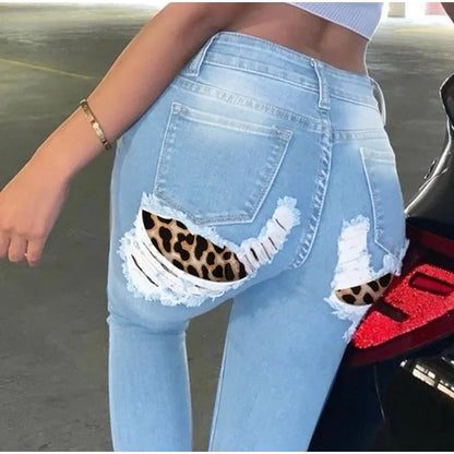 Plus Size Sexy Buttock Leopard Patchwork Ripped Skinny Indie Jeans 4XL Street Women Push Up Butt Distressed Denim Pencil Pants