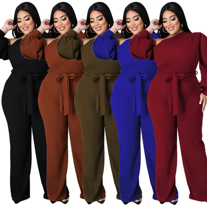 Plus Size Jumpsuit Women with Sashes Sexy Salsh Neck Solid Color Chic Lantern Sleeve Ladies Long Rompers Wholesale Dropshipping