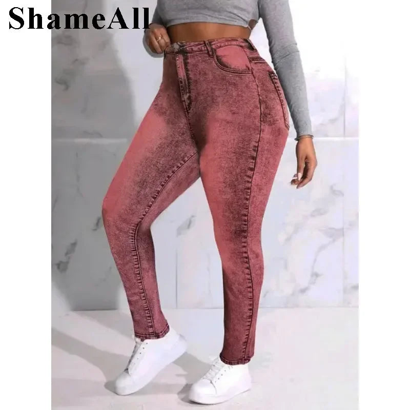 Plus size Stretchy Skinny Pink Jeans 5XL sexy party Club Slim Fit Yellow Pencil Jeans