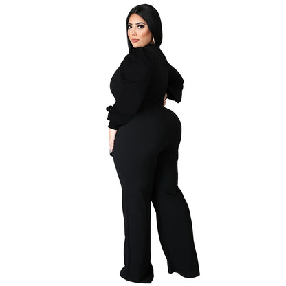 Plus Size Jumpsuit Women with Sashes Sexy Salsh Neck Solid Color Chic Lantern Sleeve Ladies Long Rompers Wholesale Dropshipping