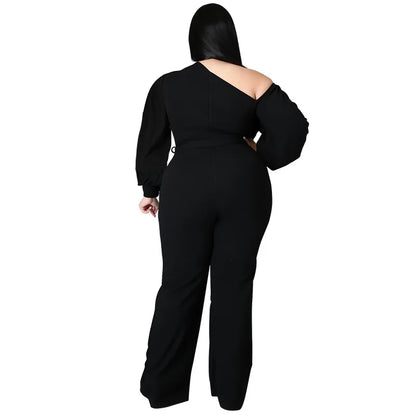 Plus Size Jumpsuit Women with Sashes Sexy Salsh Neck Solid Color Chic Lantern Sleeve Ladies Long Rompers Wholesale Dropshipping