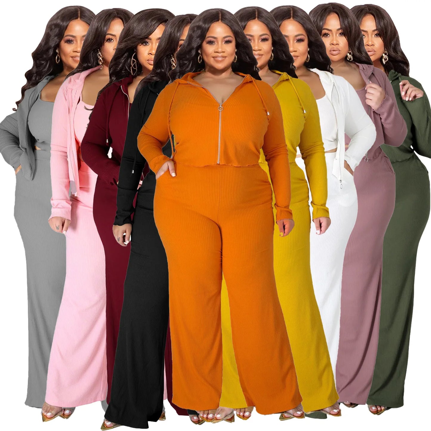 Plus Size 3 Pieces L-5XL Autumn Ribbed Long Sleeve Zip Hooded Crop Jacket Wide Leg Pants 3 Pieces Set Women Casual Tracksuit