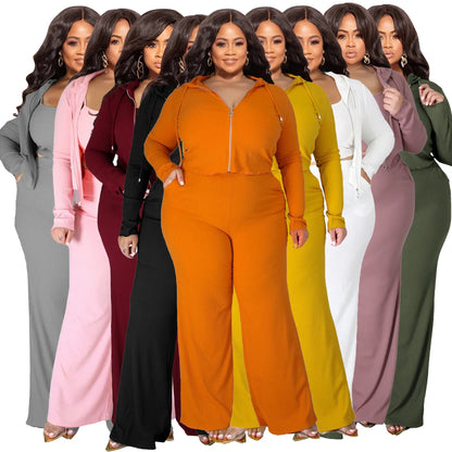 Plus Size 3 Pieces L-5XL Autumn Ribbed Long Sleeve Zip Hooded Crop Jacket Wide Leg Pants 3 Pieces Set Women Casual Tracksuit