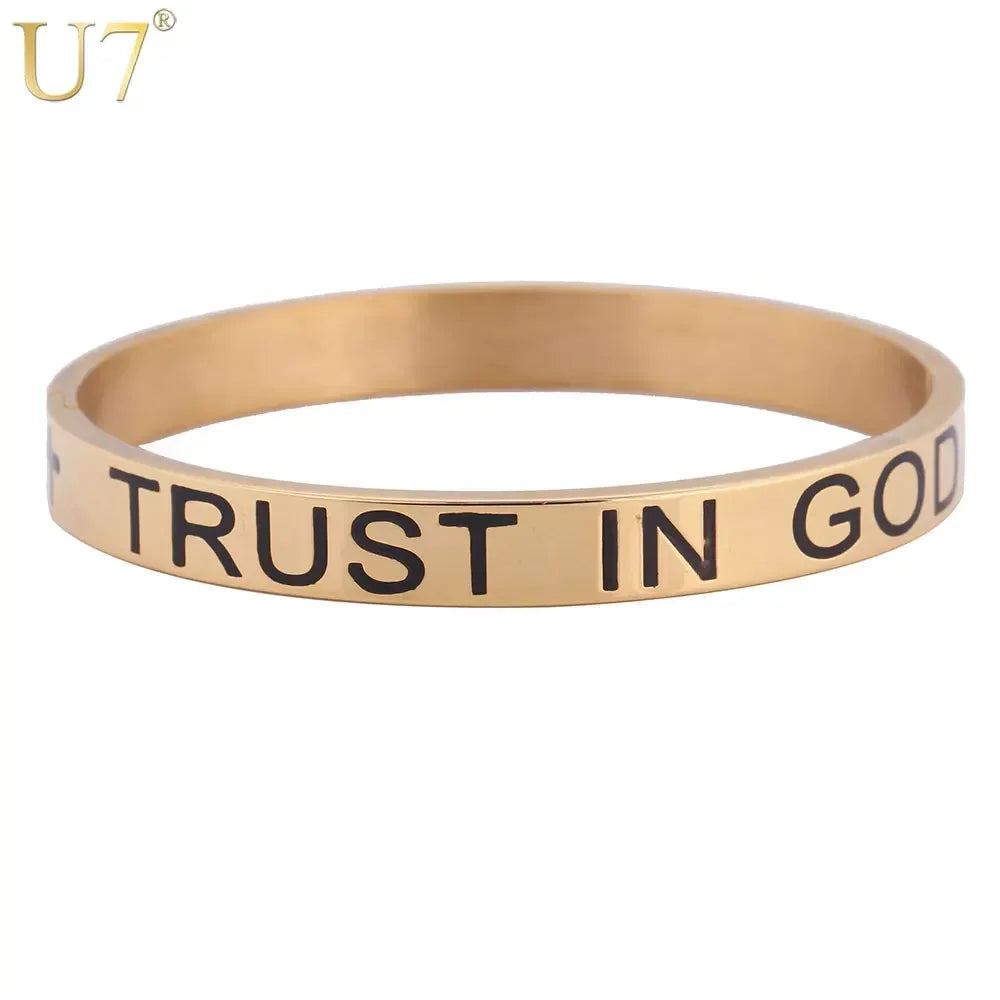 U7 TRUST IN GOD INFINITELY Cross Engraved 7mm Stainless Steel Bracelet Bangle for Man Woman Faith Religous Jewelry QC24