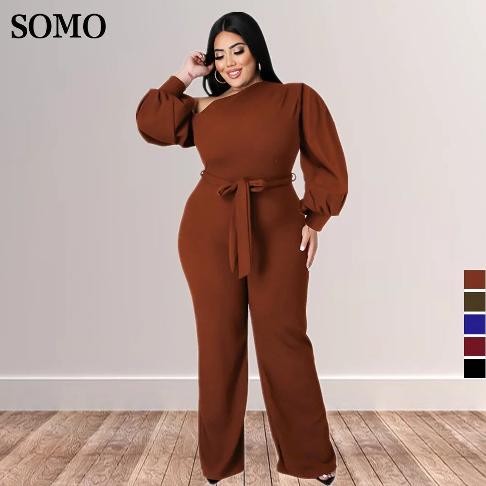 Plus Size Jumpsuit Women with Sashes Sexy Salsh Neck Solid Color Chic Lantern Sleeve Ladies Long Rompers Wholesale Dropshipping