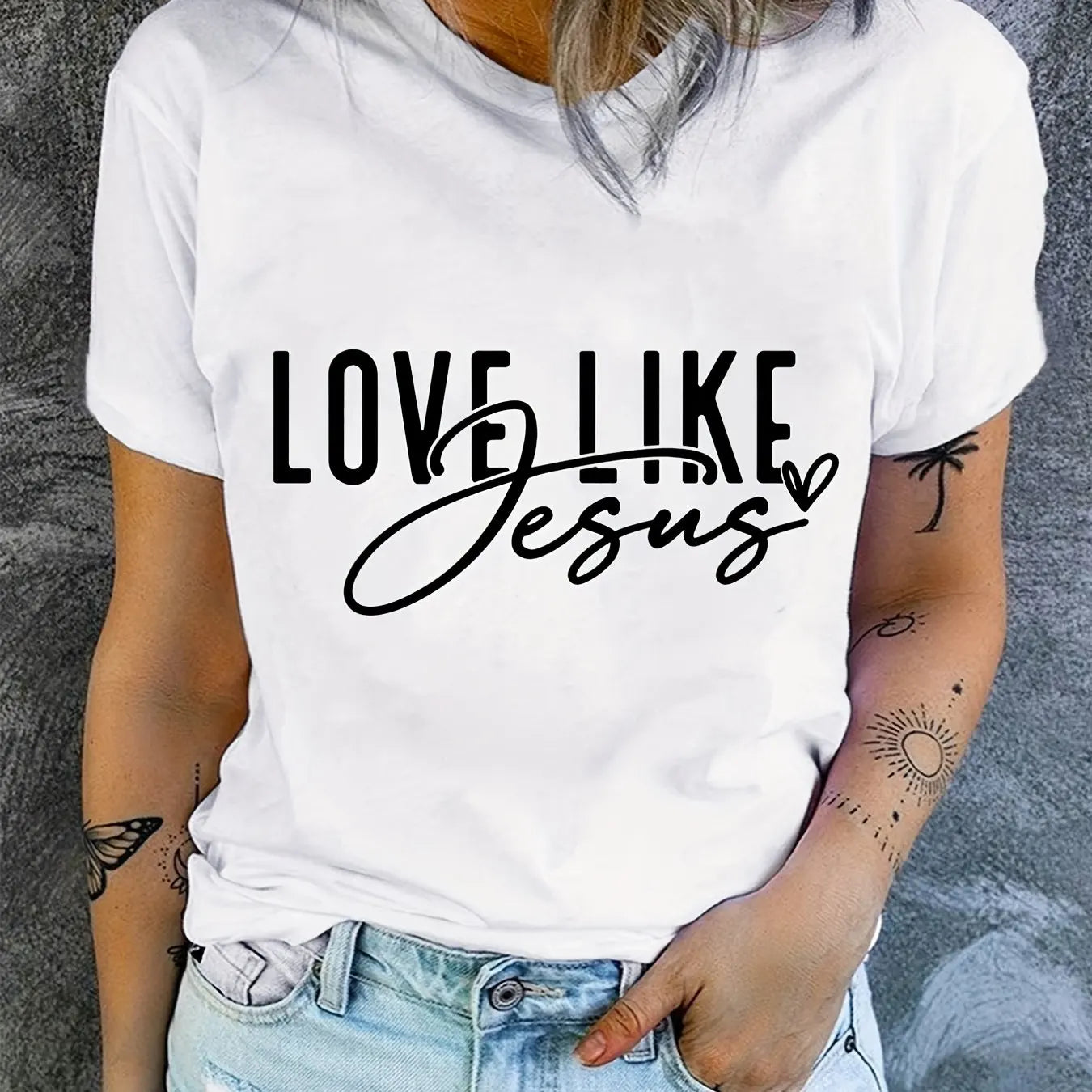 Love Like Jesus Print T-Shirt, Short Sleeve Crew Neck Casual Top For Summer & Spring, Women's Clothing