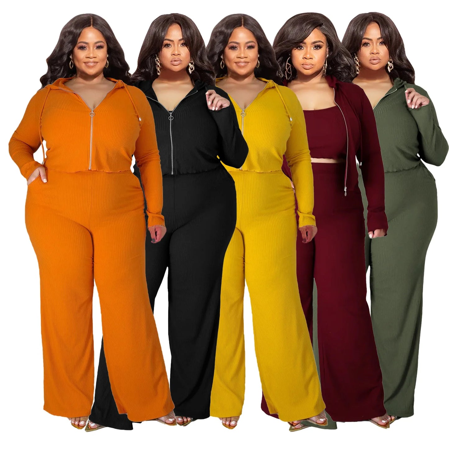 Plus Size 3 Pieces L-5XL Autumn Ribbed Long Sleeve Zip Hooded Crop Jacket Wide Leg Pants 3 Pieces Set Women Casual Tracksuit