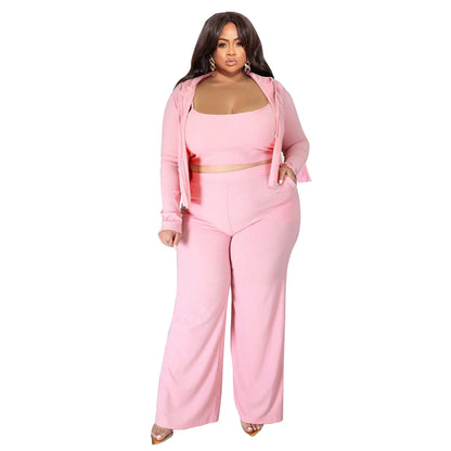 Plus Size 3 Pieces L-5XL Autumn Ribbed Long Sleeve Zip Hooded Crop Jacket Wide Leg Pants 3 Pieces Set Women Casual Tracksuit