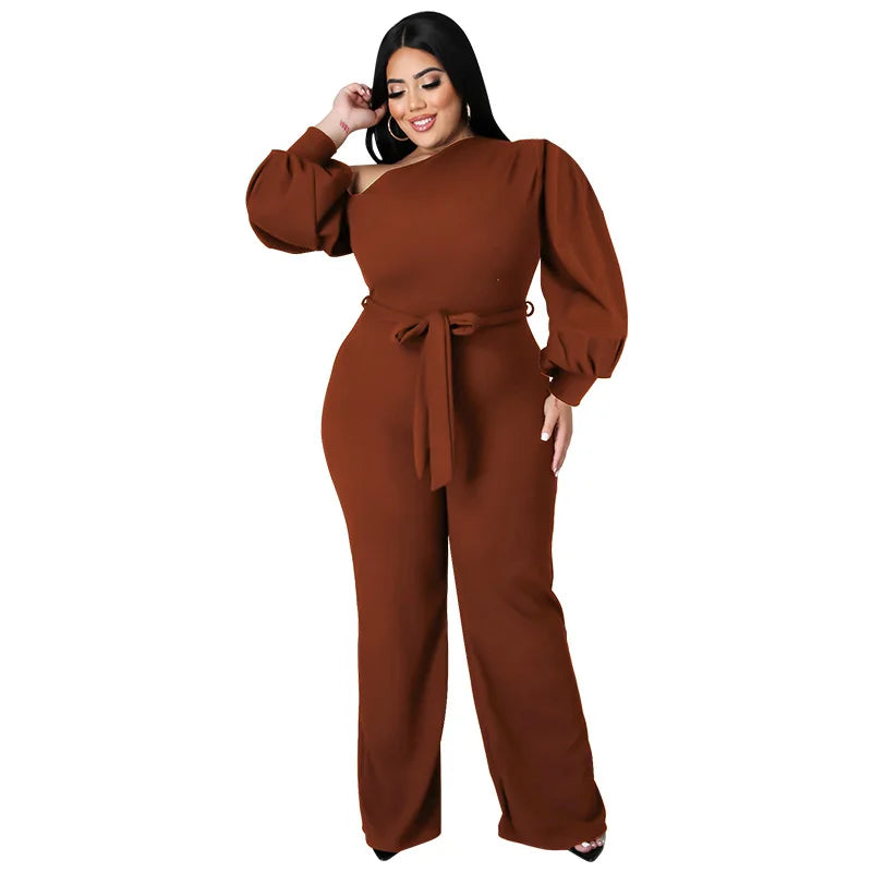 Plus Size Jumpsuit Women with Sashes Sexy Salsh Neck Solid Color Chic Lantern Sleeve Ladies Long Rompers Wholesale Dropshipping