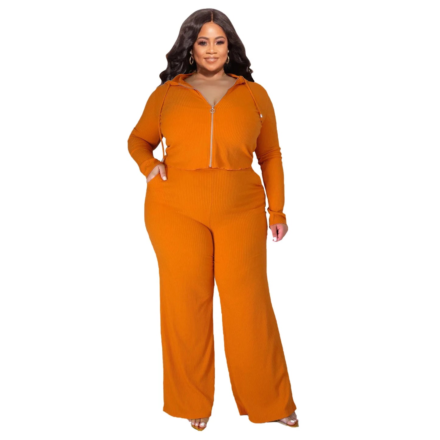 Plus Size 3 Pieces L-5XL Autumn Ribbed Long Sleeve Zip Hooded Crop Jacket Wide Leg Pants 3 Pieces Set Women Casual Tracksuit