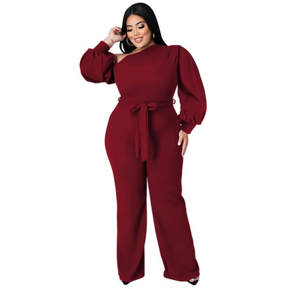 Plus Size Jumpsuit Women with Sashes Sexy Salsh Neck Solid Color Chic Lantern Sleeve Ladies Long Rompers Wholesale Dropshipping